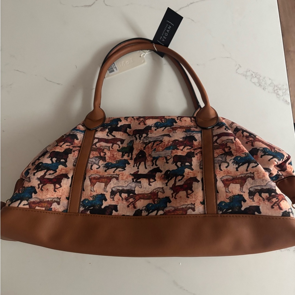 Le Miel Tan and Multicolor Horse Pattern Purse or Travel Bag